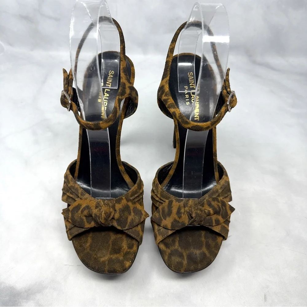 Saint Laurent Bianca Bow 105 Leopard Suede Platform Stiletto Sandal Heels Brown - Picture 5 of 16